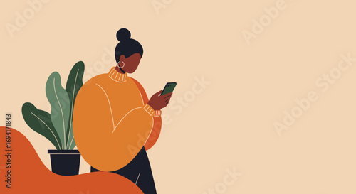 Illustration of a woman using a smartphone in a relaxed setting, reflecting digital connection, online communication, and modern lifestyle.