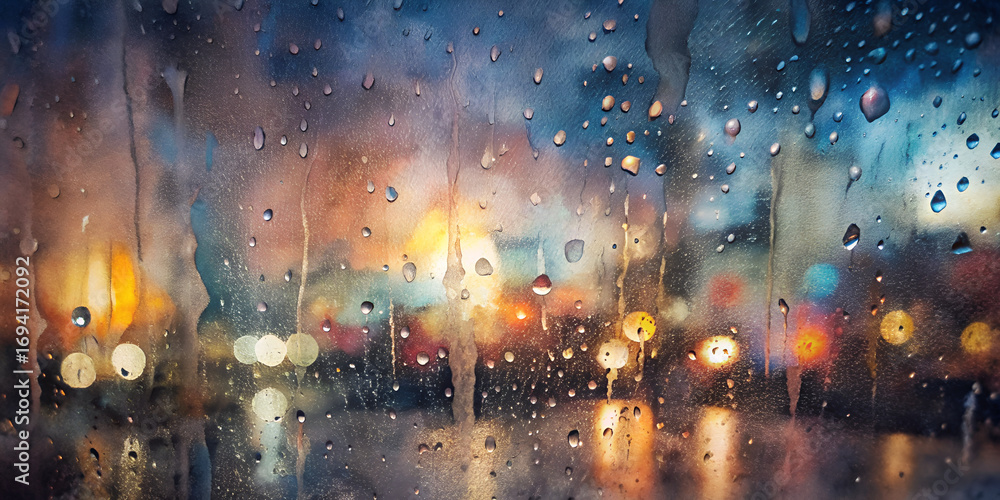 Obraz premium Raindrops on window with city lights reflection in natural eco urban outdoor scenic design 