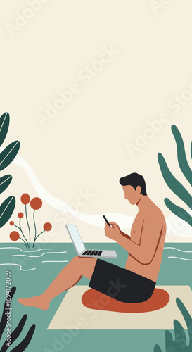 A man works remotely on his laptop and smartphone in a serene outdoor setting, blending work and leisure for modern digital nomads.