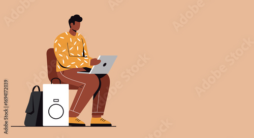 Man working remotely on laptop, sitting comfortably with his bags. Perfect for concepts of productivity, freelance work, travel, or online education.