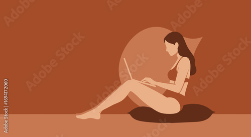 Relaxed woman in swimsuit working on laptop from a comfortable home or vacation setting, embodying remote work, digital nomad lifestyle, and leisure.