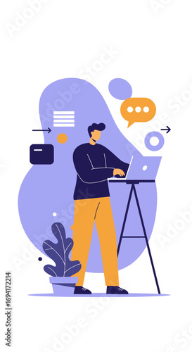 Productive man working on laptop, managing tasks and communicating online. Represents remote work, business efficiency, and digital lifestyle.