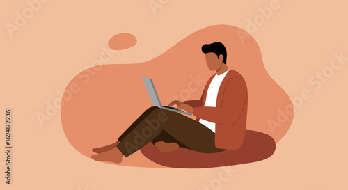 Person comfortably uses a laptop in a relaxed setting, ideal for remote work, online learning, or digital lifestyle concepts. Modern flat illustration.