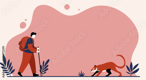 A traveler with a backpack and walking stick explores nature, encountering a wild animal. Represents adventure, wildlife, and outdoor lifestyle.