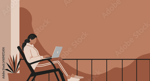 Woman works remotely on a laptop from a modern balcony, symbolizing flexible work, digital lifestyle, and a comfortable home office setup. Freelance, online business, and connectivity.