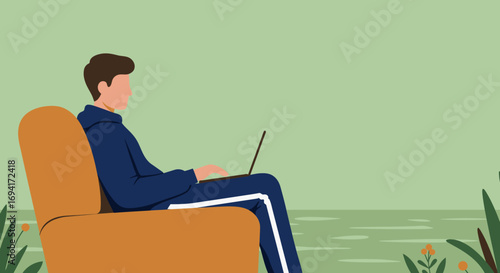 Young man works remotely on a laptop in a relaxed outdoor setting. Illustrates modern work flexibility, leisure, and digital connectivity.