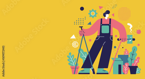 Creative professional using tools for design or surveying, surrounded by abstract elements and plants, symbolizing innovation, growth, and work-life balance.