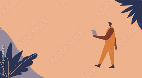 Man walking with a laptop in an abstract outdoor setting, showcasing remote work, digital lifestyle, and mobile technology use.
