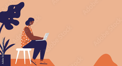 Woman working on laptop, sitting on a stool in a modern, calm interior. Ideal for concepts of remote work, online education, or digital lifestyle.
