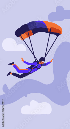 A thrilling view of a person skydiving with an open parachute against a stylized cloudy sky, embodying freedom, adventure, and extreme sports.