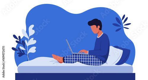 Man working remotely from bed on a laptop, embodying comfortable productivity and flexible modern lifestyle. Ideal for remote work concepts.