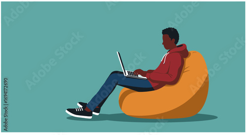 Young person comfortably using a laptop on a bean bag chair, perfect for illustrating remote work, online learning, or casual digital lifestyle.