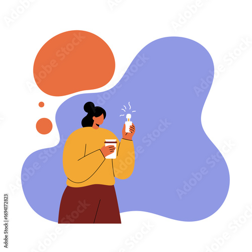 Illustrated woman holds coffee and an activated electronic vaporizing device, with abstract thought bubble. Represents modern lifestyle, wellness, or a moment of reflection.