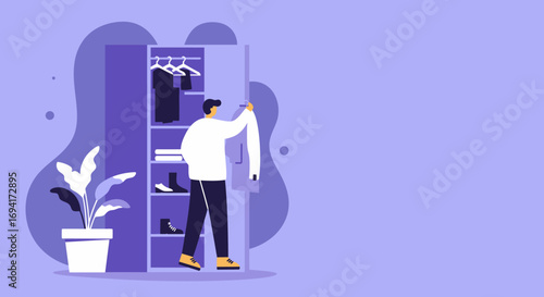 Man organizing his wardrobe, choosing clothes for the day in a modern home setting. Illustrates daily routine, personal style, and home organization.