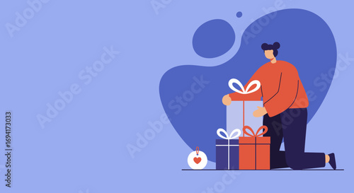 A stylized person kneels, surrounded by wrapped gift boxes with ribbons and a heart tag, on a clean purple background. Perfect for holidays, celebrations, and thoughtful giving.