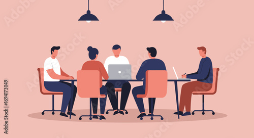 Five diverse business professionals collaborate during a productive meeting in a modern office, discussing strategy and working together as a team.