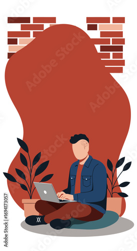 Modern illustration of a person working remotely on a laptop in a cozy, plant-filled home environment. Ideal for remote work, online learning, and digital lifestyle concepts.
