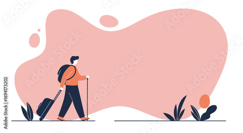 A minimalist illustration of a traveler with a backpack and rolling luggage, embarking on a journey against an abstract background, symbolizing adventure and exploration.