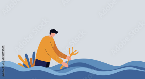 Man planting or tending to coral/marine plant in clear blue water, symbolizing marine conservation, environmental protection, and ecological sustainability.
