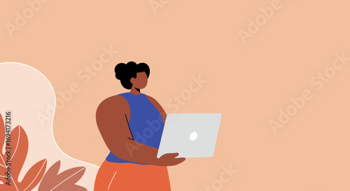 A stylized illustration of a woman using a laptop, representing remote work, online learning, or digital entrepreneurship in a modern setting.