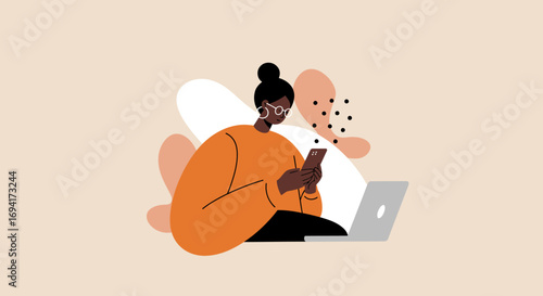 Focused woman simultaneously using a smartphone and laptop, highlighting modern digital connectivity, remote work, and online communication in a minimalist setting.