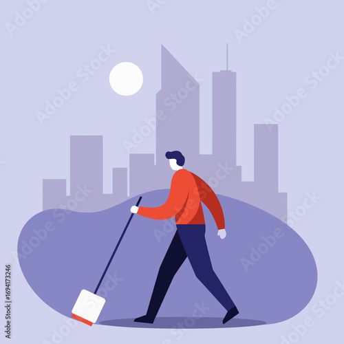A visually impaired man confidently walks with a white cane through a modern city, symbolizing independence, accessibility, and urban navigation. Ideal for concepts of inclusion and support.