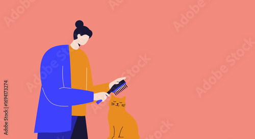 A person gently brushes their cat, showcasing responsible pet care and the calming bond between owner and animal. Ideal for pet product ads or animal welfare.