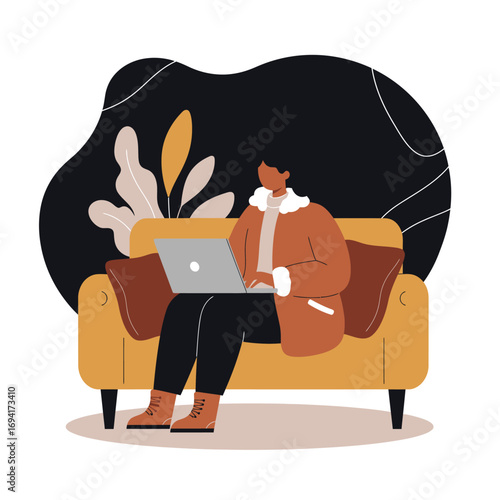 A person comfortably working on a laptop from a cozy sofa, embodying remote work, online learning, or digital freelancing lifestyle.