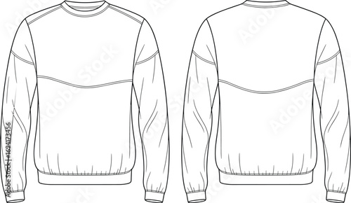 Technical flat sketch, sweatshirt front and back view, fashion design template, crewneck apparel, garment construction, ribbed cuffs, panel sleeves