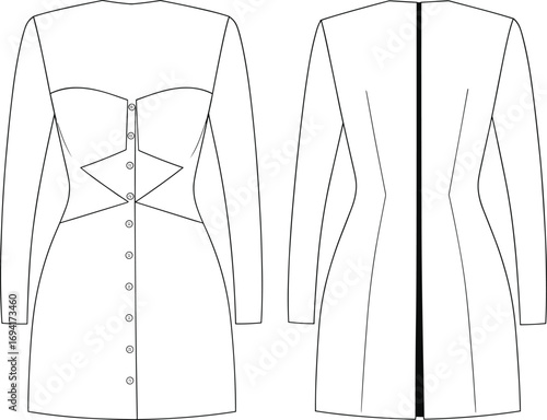 Technical fashion sketch, women's dress design, sweetheart neckline, geometric bodice, long sleeves, fitted silhouette, front and back view, garment illustration