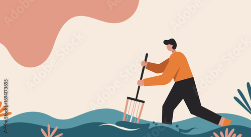Man using a rake in water, representing environmental cleaning, agricultural work, or diligent problem-solving and maintenance.