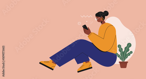 Illustration of a young woman casually sitting, absorbed in her smartphone. Captures modern concepts of digital connection, social media, online communication, and a contemporary lifestyle.