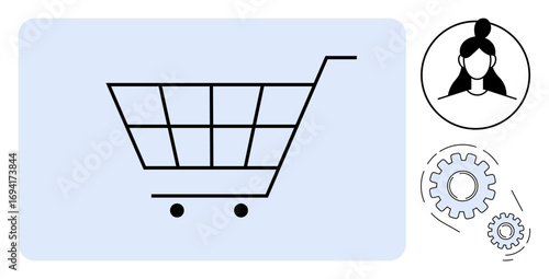 Shopping cart with wheels, user profile icon, and gear icons for e-commerce, customer interaction, account setup, automation, inventory, business retail management. Simple flat metaphor