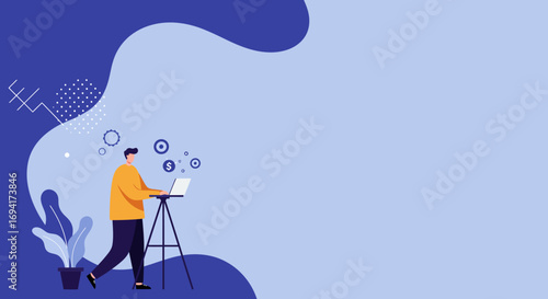 Man working on a laptop, managing online business and data, surrounded by abstract tech elements. Ideal for remote work, finance, and digital strategy.