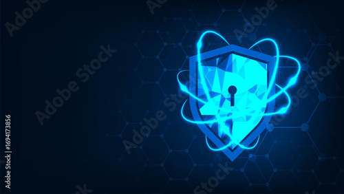 Shield with hexagon security cyber of data transmission internet concept technology background