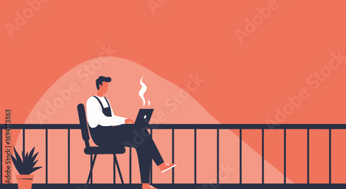 Man works remotely on laptop from a comfortable balcony with a hot drink, embodying modern flexible lifestyle and productivity.