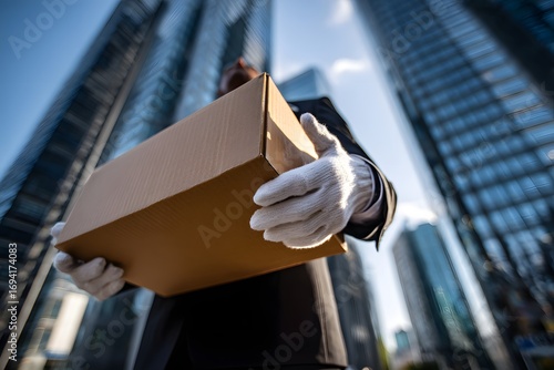 Wallpaper Mural Mann mit weißen Handschuhen trägt Paket vor modernen Hochhäusern 
 Torontodigital.ca
