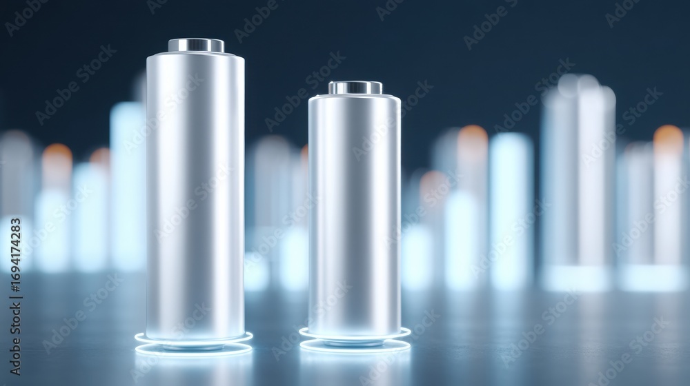 Obraz premium A close-up of two metallic batteries, one larger and one smaller, set against a blurred background of glowing battery shapes, emphasizing energy and technology.