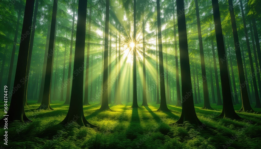 Naklejka premium sun rays in the forest