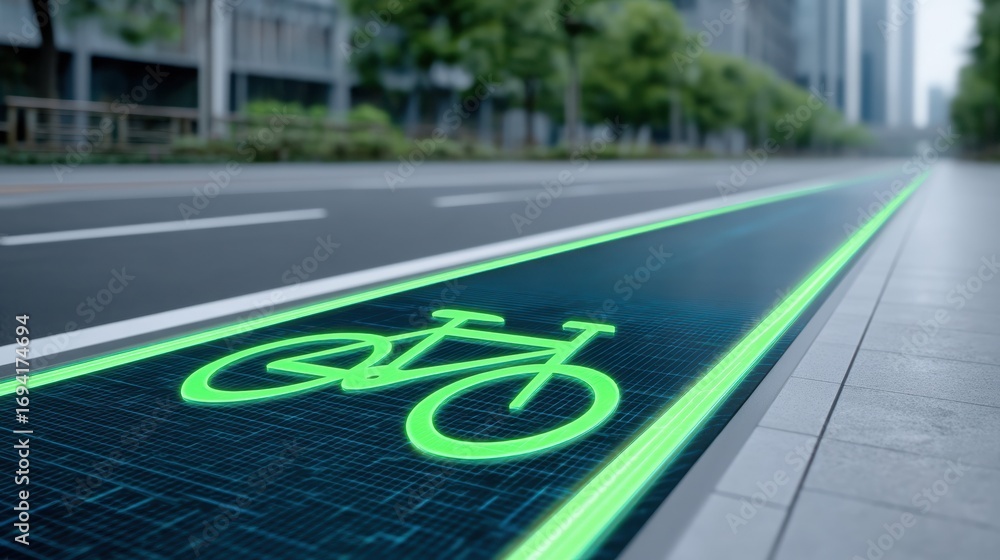 Obraz premium A futuristic bike lane illuminated with green light, set against a modern city backdrop, promoting eco-friendly transportation.