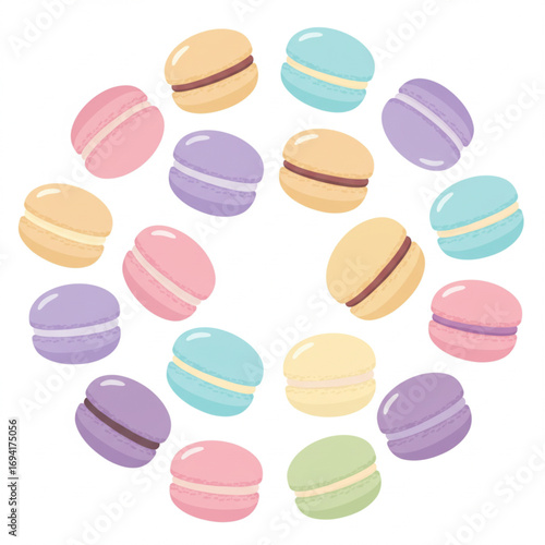 Colorful Macarons Arranged in a Circle, Delicious Dessert Illustration