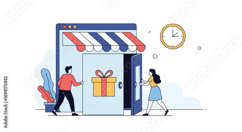Online shopping experience with gifts and customers entering a digital storefront with clock indicating time management