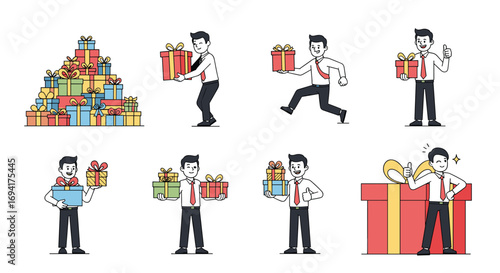 Man happily holding and presenting a variety of wrapped gift boxes in different situations