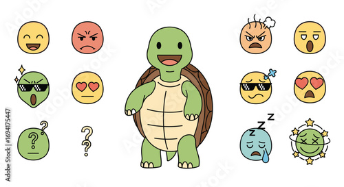 Cute cartoon turtle character surrounded by various expressive emoji faces expressing different emotions and feelings
