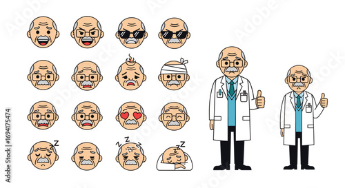 Collection of elderly doctor emoticons expressing various emotions and conditions along with full body illustrations of medical professionals