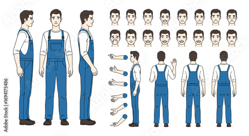 Character design sheet featuring a male worker in blue overalls with multiple poses and facial expressions