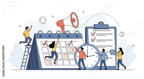 Teamwork and effective planning to achieve business goals and deadlines on time with calendar and clock illustrations