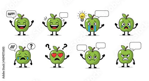 Expressive green apple characters demonstrating a wide range of emotions through fun cartoon illustrations