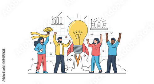 Teamwork ignites bright ideas and business growth success with exciting startup launch celebration