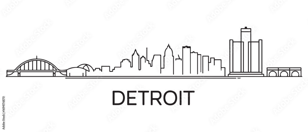 Obraz premium Detroit City Line Art skyline horizontal banner. Detroit City, Michigan. Vector template for your design. with white background